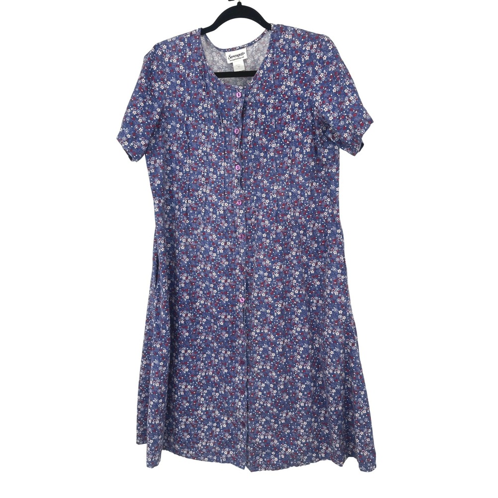 VTG Serengeti Midi Dress Petite L Blue Floral Button Pleated Boho Cottage Modest